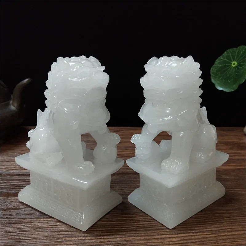 2Pcs Gold Fu Foo Dogs Lions Statues Feng Shui Man-made Jade Stone Buddha Dragon Sculpture Figurines Statue Home Decoration