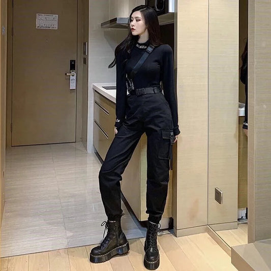 Women High Waisted Black Cargo Pants with Pockets with Belt