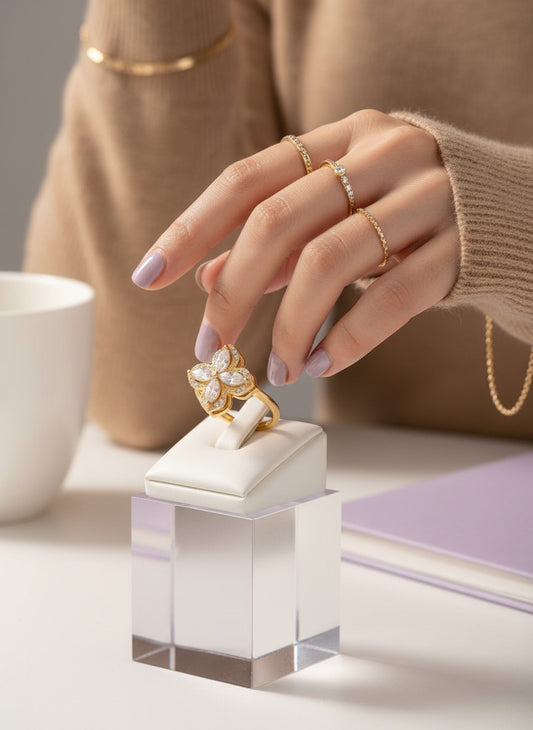 Mariposa Marquise Crystal Clover Ring | Adjustable Gold Plated Pavé Floral Statement Ring