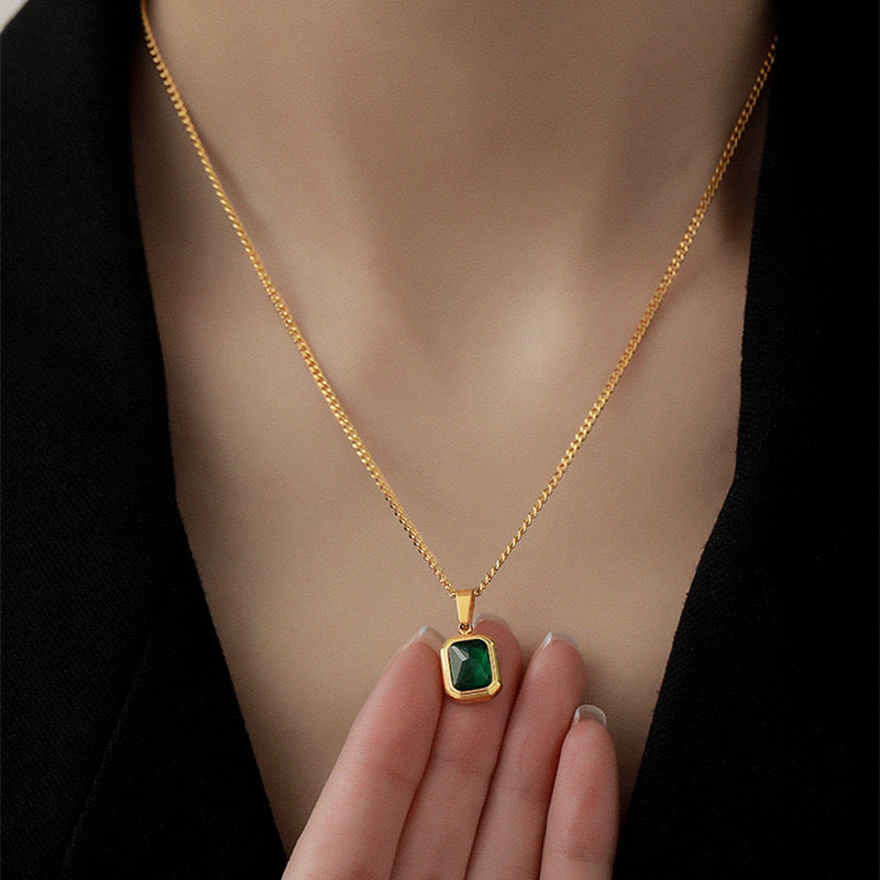 Emerald Horizon Geometric Pendant Necklace | Waterproof Titanium Steel Green Rhinestone Choker