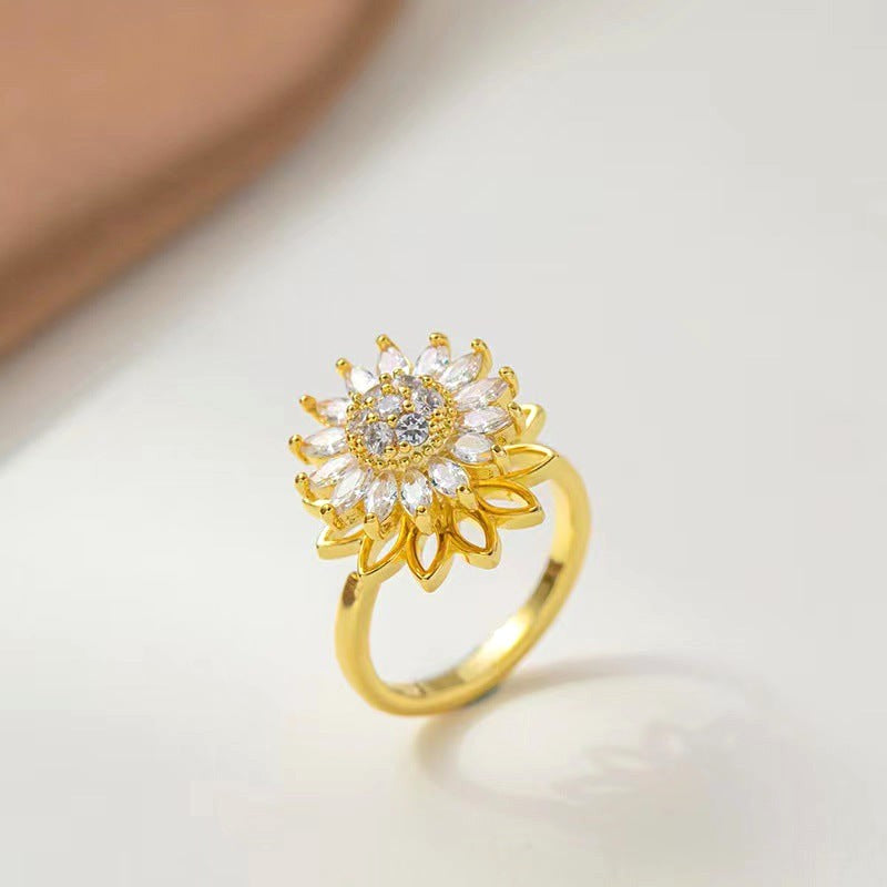 Solis Spinning Sunflower Statement Ring | Adjustable Gold Plated Kinetic Fidget Crystal Ring