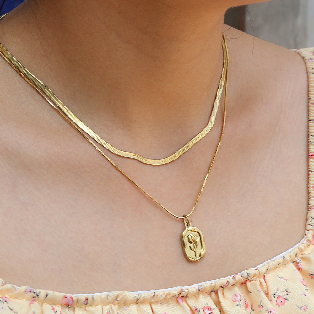 Gold Herringbone Snake Chain & Vintage Rose Medallion Pendant