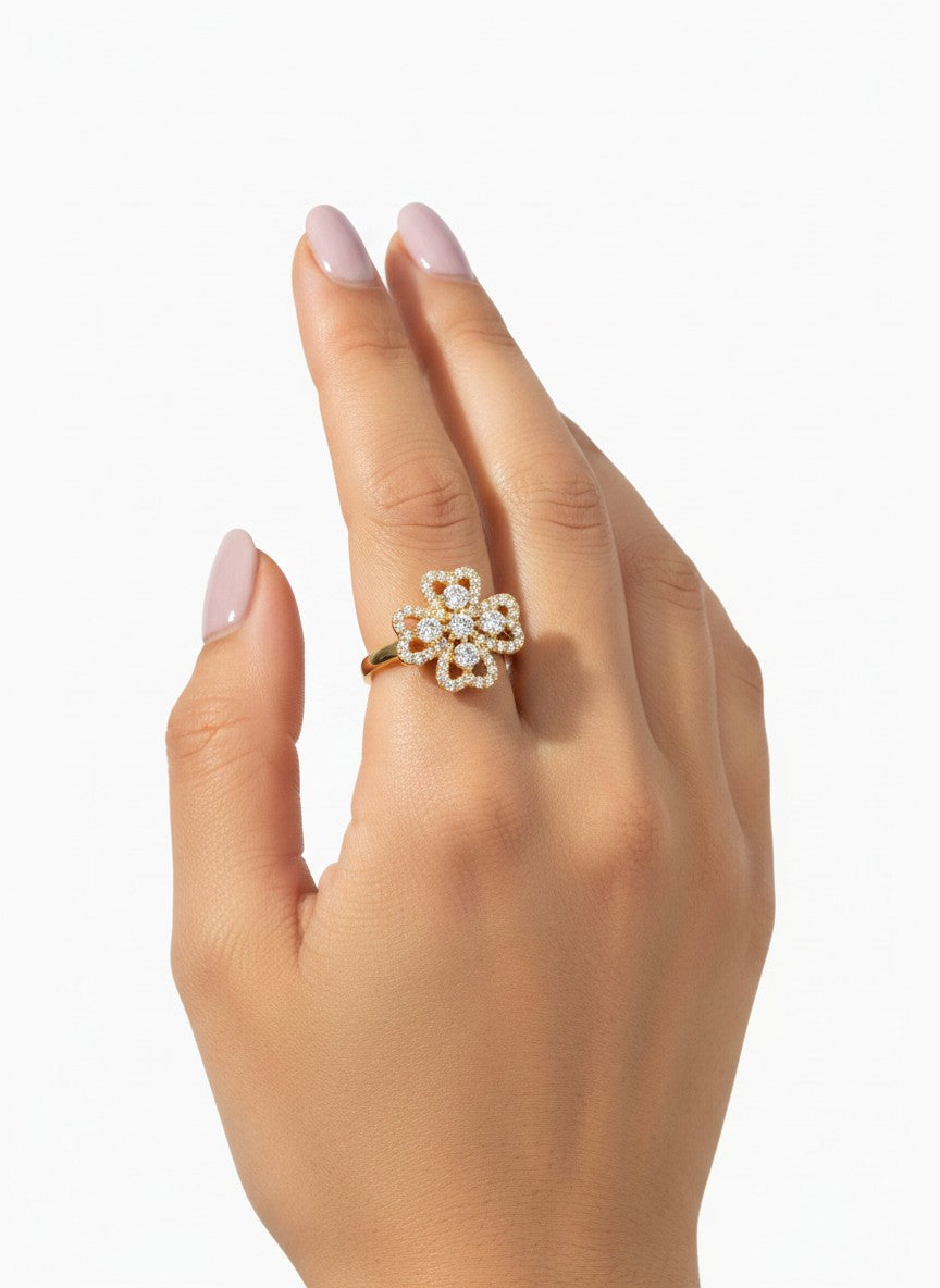 Empress Pavé Clover Statement Ring | Gold Plated Layered Crystal Blossom Cocktail Ring