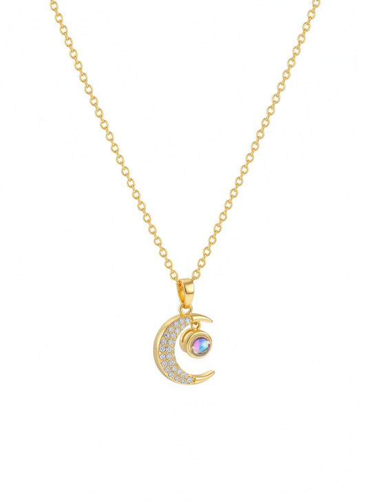 Selene 100 Languages "I Love You" Projection Necklace | Gold Plated Crystal Crescent Moon Pendant