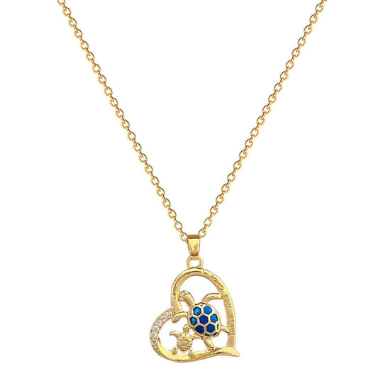 Blue Opal Sea Turtle Mother & Child Heart Necklace