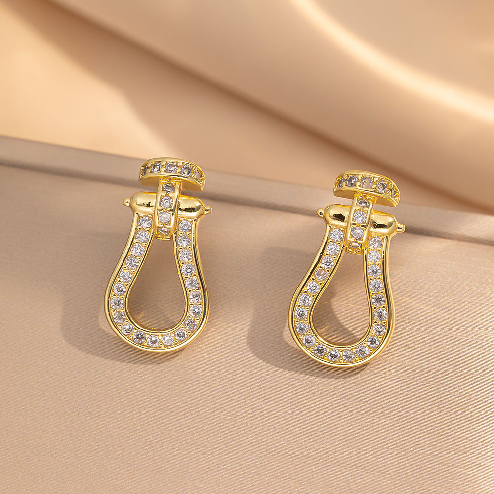Chelsea Pave Zircon Stirrup Stud Earrings | Silver/ Gold Plated Equestrian Horseshoe Geometric Studs