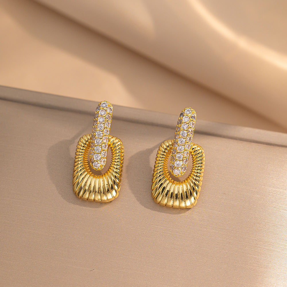 Monaco Ribbed Door Knocker Stud Earrings | Silver/ Gold Plated Pave Zircon Geometric Drop Studs