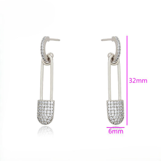 Rebel Sparkle Platinum Plated Safety Pin Earrings | Micro-Pave Crystal Edge Drop Dangle Earrings