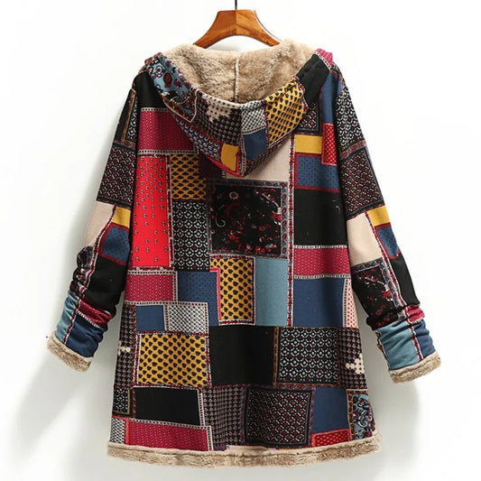 Winter Vintage Women Coat Warm Printing Thick Fleece Hooded Long Jacket with Pocket Outwear Loose Jackets