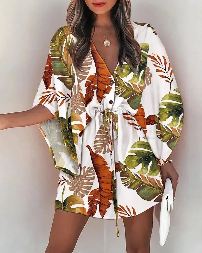 Summer Dress For Women New Floral Print Bat Half-Sleeve V-Neck Ruffle Irregular Hem Female Dress Casual Boho Women Clothes