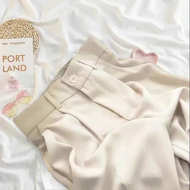 Women Fashion Suit Pant High Waist Casual Loose Straight Solid Trouser Office Lady Streetwear Button Up Elastic Nine Points Pant