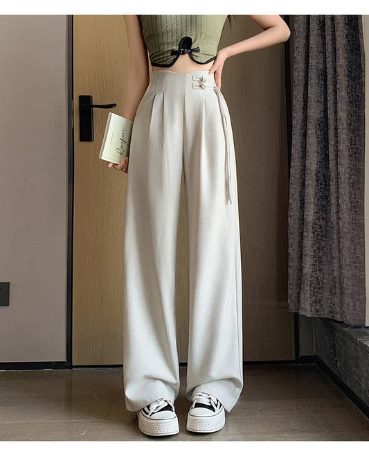 New Linen High Waist Suit Wide Leg Women's Full Pants Spring Summer Female Elegant Minimalism Straight Loose Trousers