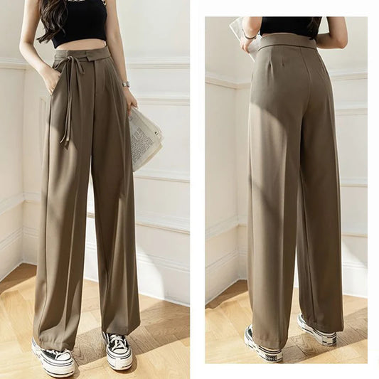 Women Lace Up Straight Leg Suit Pants Female Solid Color High Waisted Trousers Lady Chic Designer All Match Work Pants