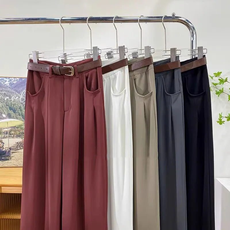 High Waist Belt Wide Leg Pants Women Fall Fashion Solid Suit Trousers Harajuku Baggy Office Lady Casual Straight Pants