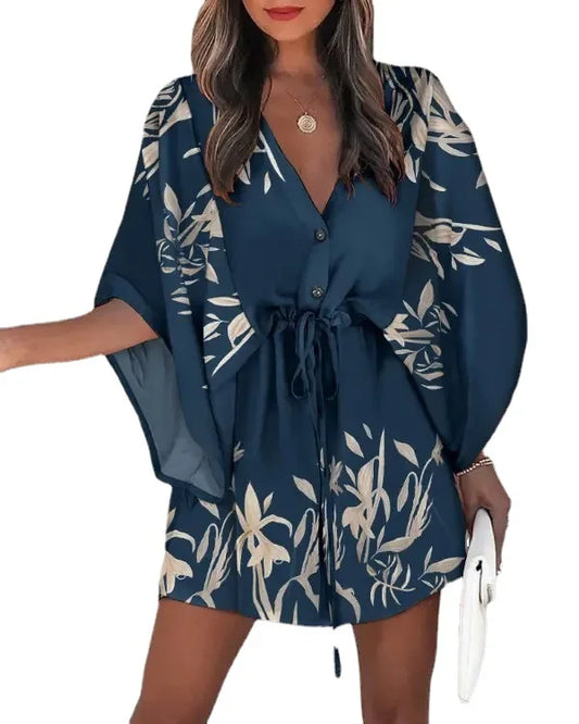 Summer Dress For Women New Floral Print Bat Half-Sleeve V-Neck Ruffle Irregular Hem Female Dress Casual Boho Women Clothes