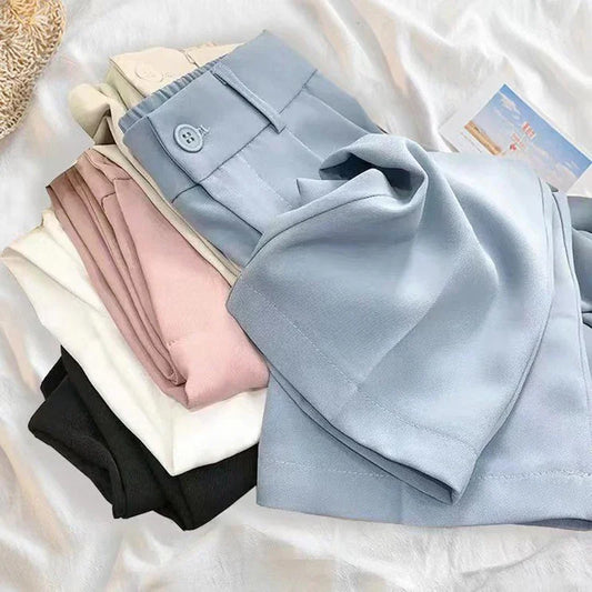 Women Fashion Suit Pant High Waist Casual Loose Straight Solid Trouser Office Lady Streetwear Button Up Elastic Nine Points Pant