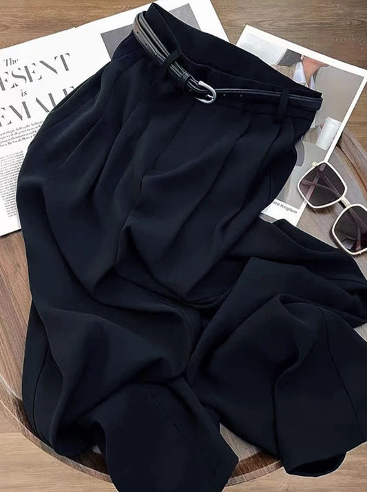 Loose with Belt Suit Wide Leg Pants Women Korean Elegant Office Lady Casual Straight Trousers Fashion High Waist Solid Pants New