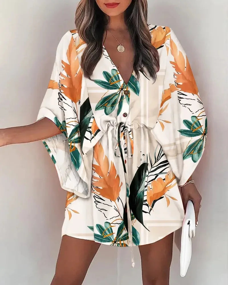 Summer Dress For Women New Floral Print Bat Half-Sleeve V-Neck Ruffle Irregular Hem Female Dress Casual Boho Women Clothes