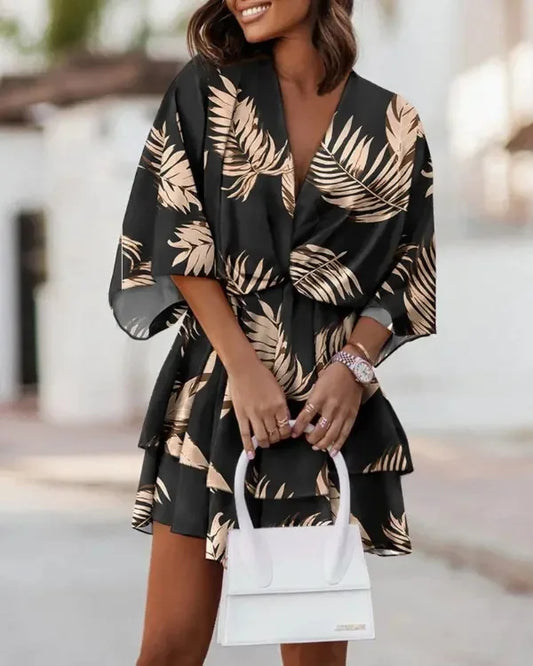 Women's Elegant Dolman Sleeve Mini Dress | Gold Floral Print & V-Neck