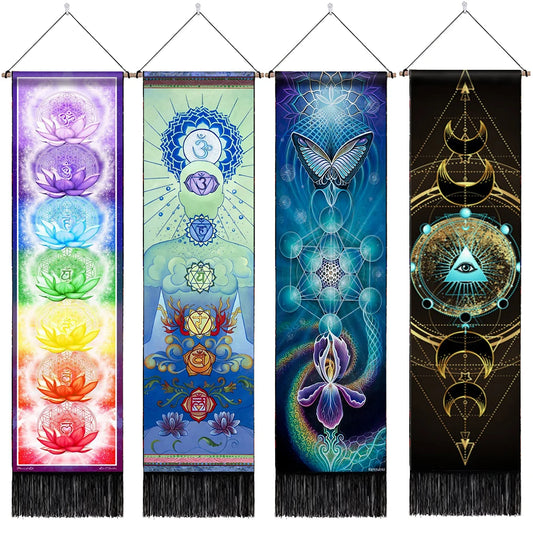 Seven Chakra Tapestry ,Hippie Mandala Chakras Wall Hanging ,Sacred Geometry Tapestries for Spiritual Room Decor , 12.8"x 51.2"