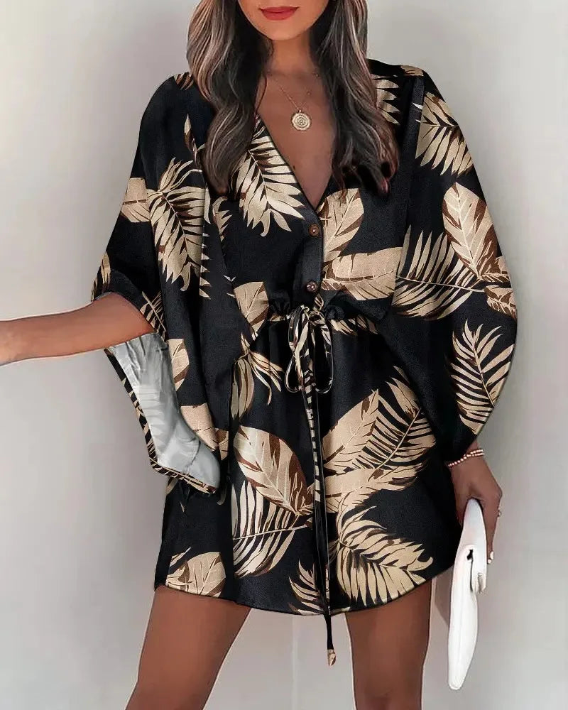 Summer Dress For Women New Floral Print Bat Half-Sleeve V-Neck Ruffle Irregular Hem Female Dress Casual Boho Women Clothes