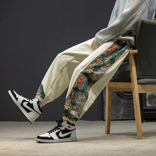 Men's Fashion Casual Pants Cotton Japanese Samurai Embroidery Patchwork Harem Trousers Oversized