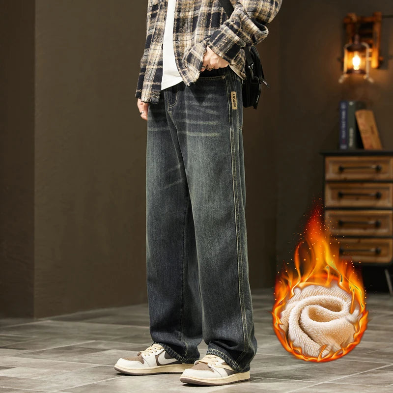Winter Fleece Thick Cotton Jeans Men Warm Korean Velvet Loose Wide Pants Elastic Waist High Quality Outdoors Plush Trousers