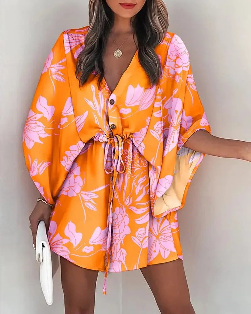 Summer Dress For Women New Floral Print Bat Half-Sleeve V-Neck Ruffle Irregular Hem Female Dress Casual Boho Women Clothes