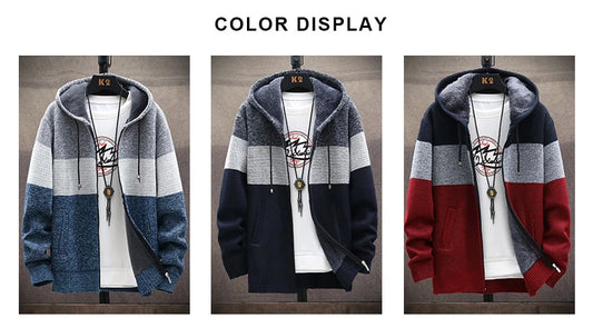 Men's Knit Sweater Fleece Coat Striped Jackets Fashion Hoodies Winter Autumn Thick Warm Windbreaker Pullovers Male Clothing