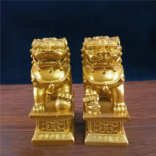 2Pcs Gold Fu Foo Dogs Lions Statues Feng Shui Man-made Jade Stone Buddha Dragon Sculpture Figurines Statue Home Decoration