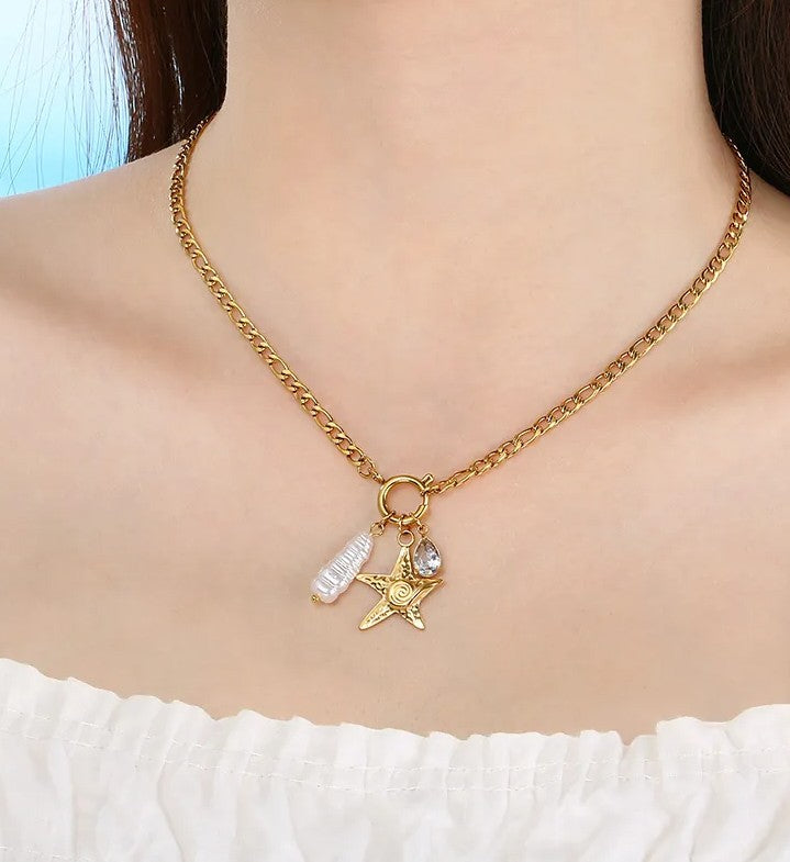 Celestial Ocean Charm Necklace โ Starfish & Pearl