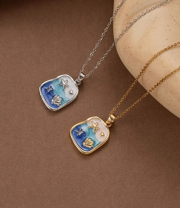 Blue Enamel Starfish Necklace — Ocean Shell Pendant