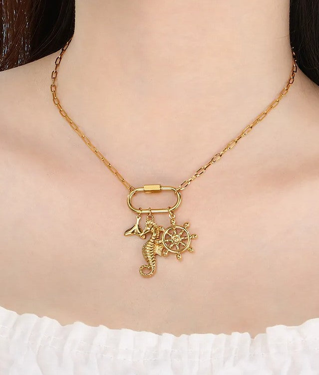 Celestial Ocean Charm Necklace — Starfish, Moon, Seahorse, Pentagram, Ship Wheel