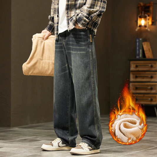 Winter Fleece Thick Cotton Jeans Men Warm Korean Velvet Loose Wide Pants Elastic Waist High Quality Outdoors Plush Trousers