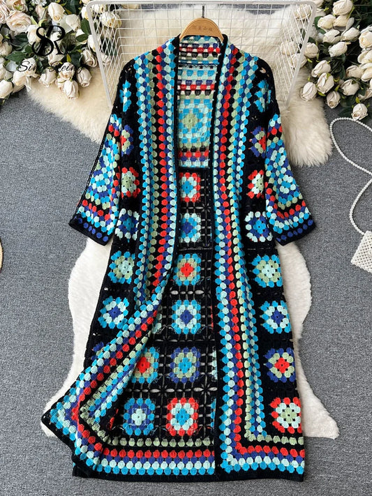 Summer Holiday Beach Long Cardigans Spring Fashion Vintage Floral Knit Cardigan Streetwear Loose Hollow Out Overcoat