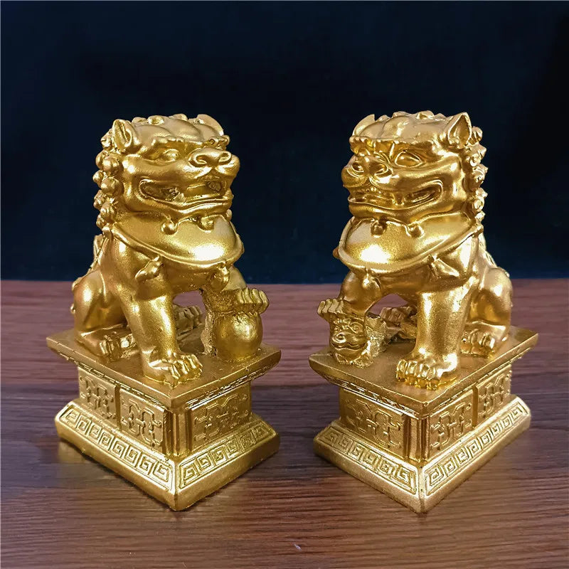 2Pcs Gold Fu Foo Dogs Lions Statues Feng Shui Man-made Jade Stone Buddha Dragon Sculpture Figurines Statue Home Decoration