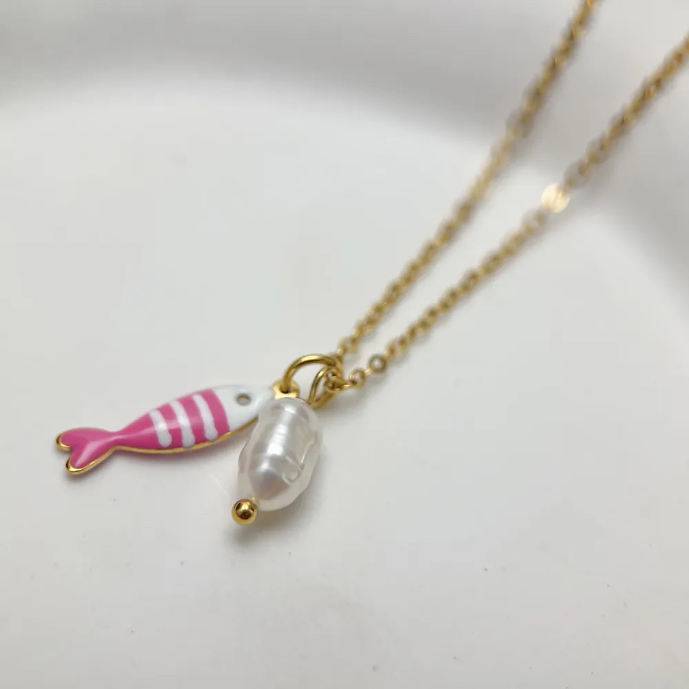 Gold Fish Pendant Necklace with Freshwater Pearl — Gold Plate