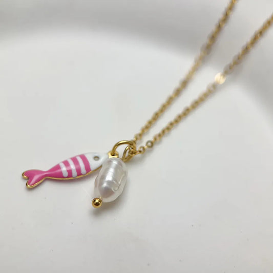 Gold Fish Pendant Necklace with Freshwater Pearl — Gold Plate