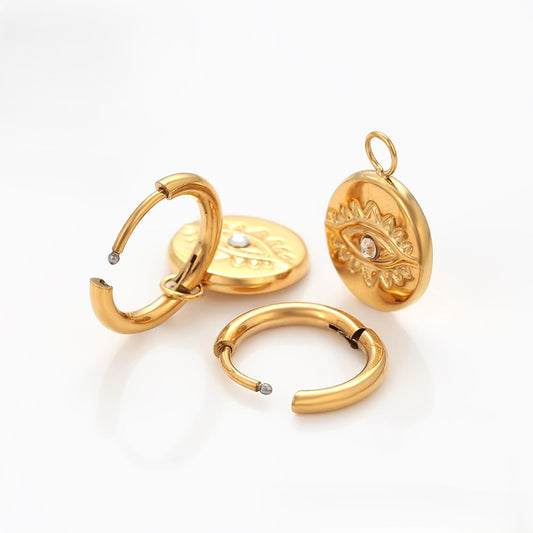 Dainty Gold Plated Hoop Earrings with Engraved Evil Eye and Crystal