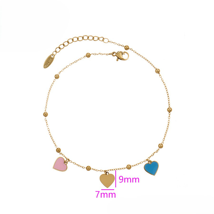14K Gold Plated Bead Chain Anklet with Pink, Blue & Gold Enamel Heart Charms