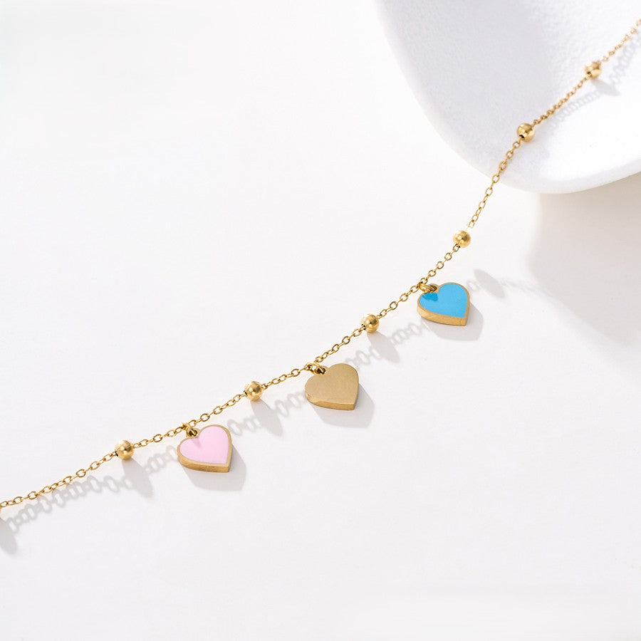 14K Gold Plated Bead Chain Anklet with Pink, Blue & Gold Enamel Heart Charms