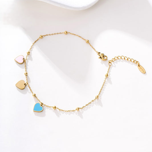 14K Gold Plated Bead Chain Anklet with Pink, Blue & Gold Enamel Heart Charms