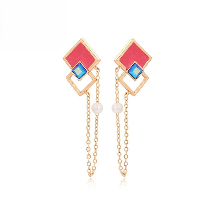 18K Gold Plated Geometric Dangle Earrings with Pink Enamel, Blue Crystal & Pearl