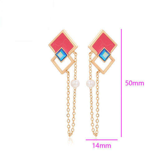 18K Gold Plated Geometric Dangle Earrings with Pink Enamel, Blue Crystal & Pearl