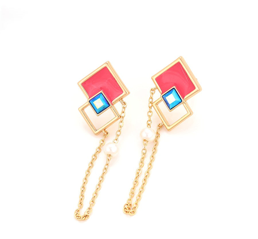 18K Gold Plated Geometric Dangle Earrings with Pink Enamel, Blue Crystal & Pearl