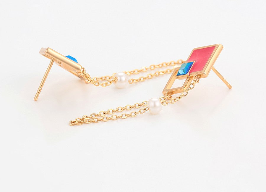 18K Gold Plated Geometric Dangle Earrings with Pink Enamel, Blue Crystal & Pearl