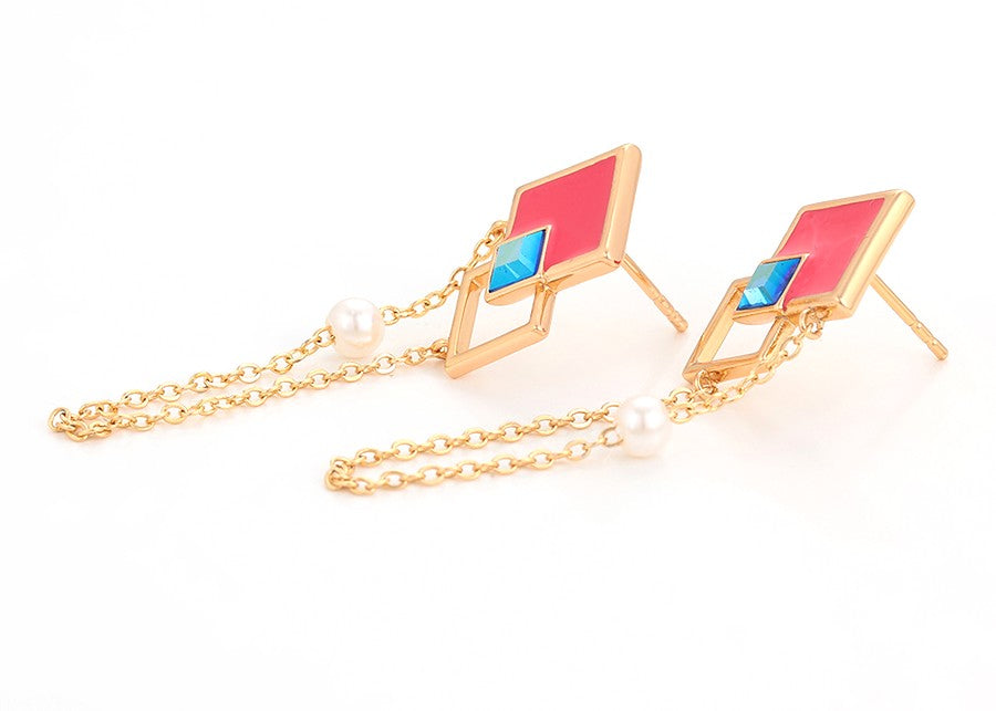 18K Gold Plated Geometric Dangle Earrings with Pink Enamel, Blue Crystal & Pearl