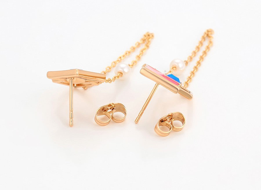 18K Gold Plated Geometric Dangle Earrings with Pink Enamel, Blue Crystal & Pearl