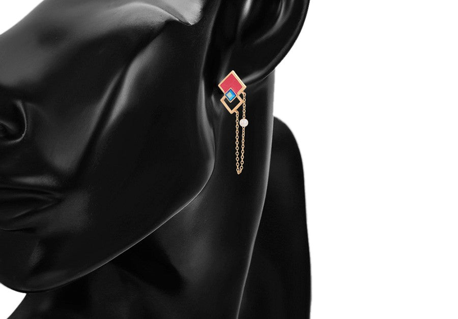18K Gold Plated Geometric Dangle Earrings with Pink Enamel, Blue Crystal & Pearl