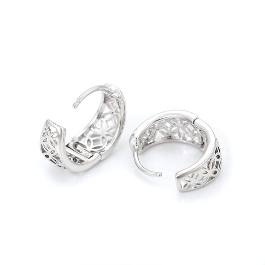 Empress Platinum Plated Geometric Filigree Huggie Earrings | Openwork Lattice Cut-Out Chunky Hoop Earrings